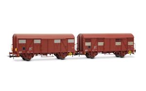 HJ6325 SNCF, coffret de 2 wagons à 2 essieux type Gs, livrée marron, un d'eux avec feux de fin de convoi - HC -DC- époque IV ( 1971-1990)