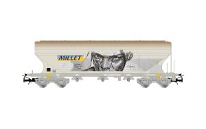 HJ6319 SNCF, wagon-trémie céréalier à 4 essieux, avec parois latérales lisses, « MILLET », livrée grise avec grafittis - HC -DC- époque V ( 1991-2006)