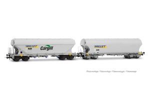 HJ6320 SNCF, coffret de 2 wagons-trémies céréaliers à 4 essieux, avec parois latérales lisses et bombées, « MILLET », livrée grise - HC -DC- époque VI ( 2007 et plus)